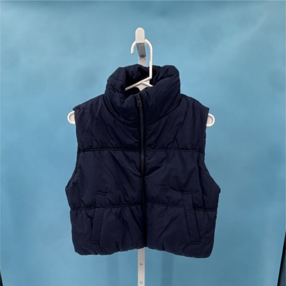 Women's Navy Zip Front Puffer Vest Stand Collar Sleeveless Pockets Size S